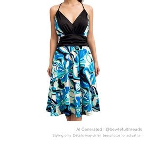 Le Château M Blue Retro Floral Halter Dress Fit & Flare Canada Made